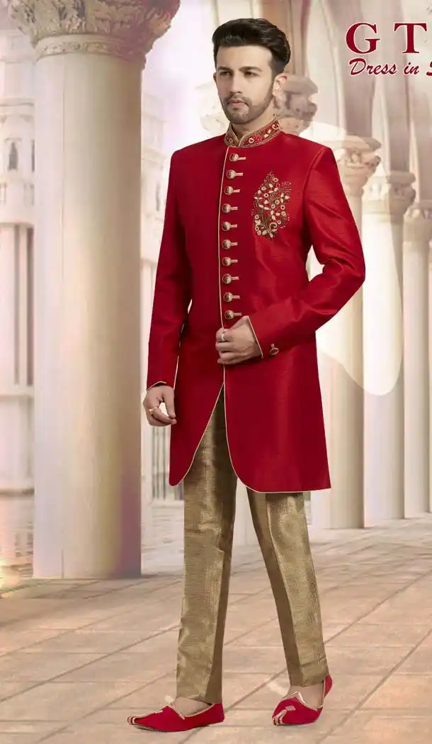 Red Color Dupion Plus Size Readymade Classic Man Sherwani -602375007