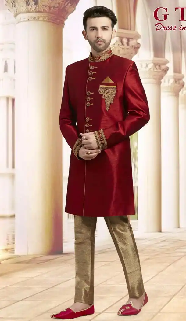 Maroon Color Jacquard Plus Size Readymade Classic Man Sherwani -602375008
