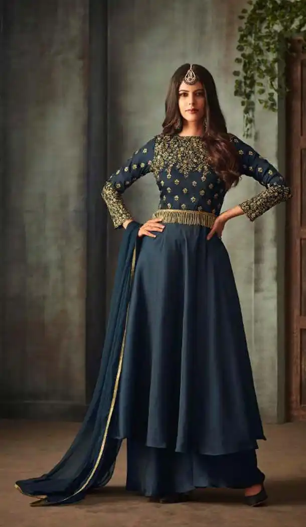 Navy Blue Color Silk Party Wear Long Anarkali Salwar Kaneez -618277165