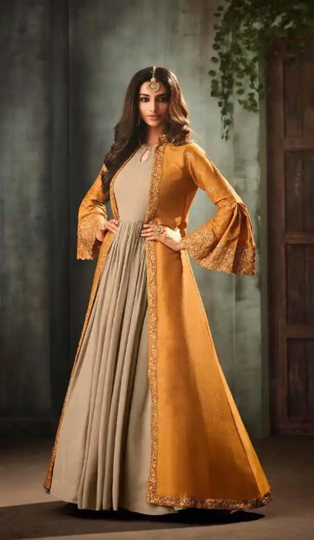 Beige Orange Color Silk Party Wear Long Anarkali Salwar Kaneez -618277166