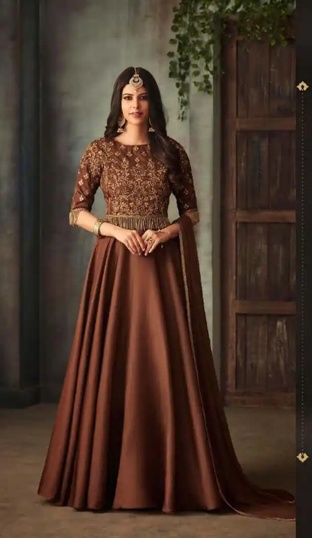 Brown Color Silk Party Wear Long Anarkali Salwar Kaneez -618277167