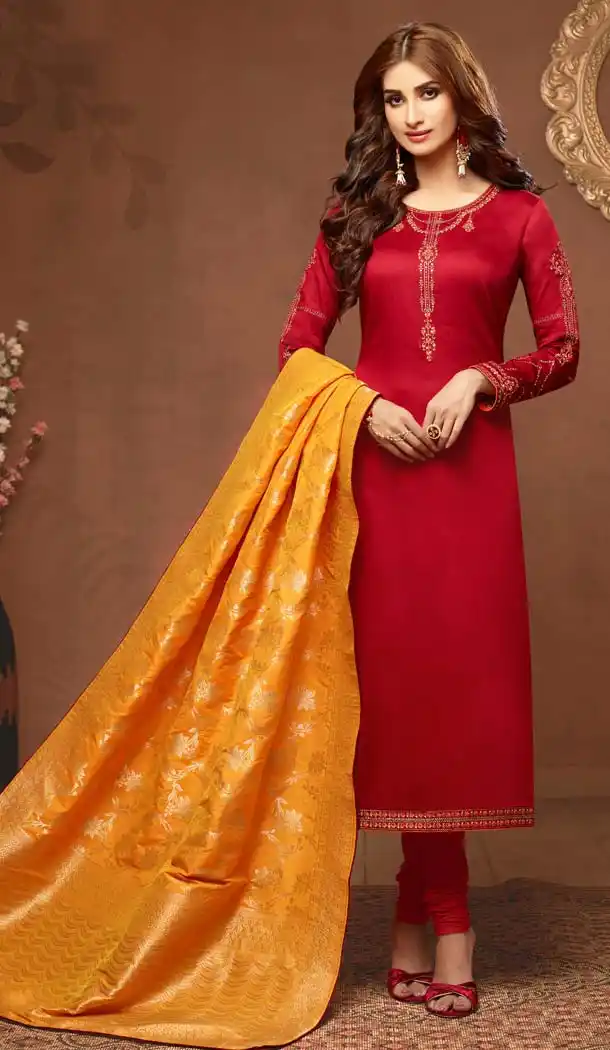 Red Color Pure Cotton Jaam Silk Casual Party Salwar Kameez -618777194