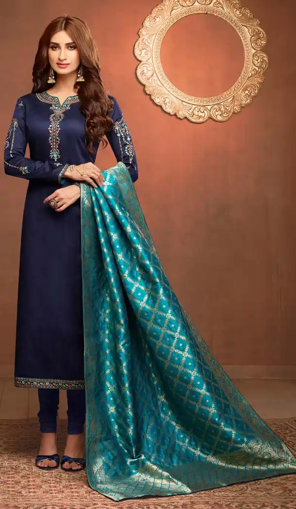 Navy Blue Color Pure Cotton Jaam Silk Casual Party Salwar Kameez -618777199