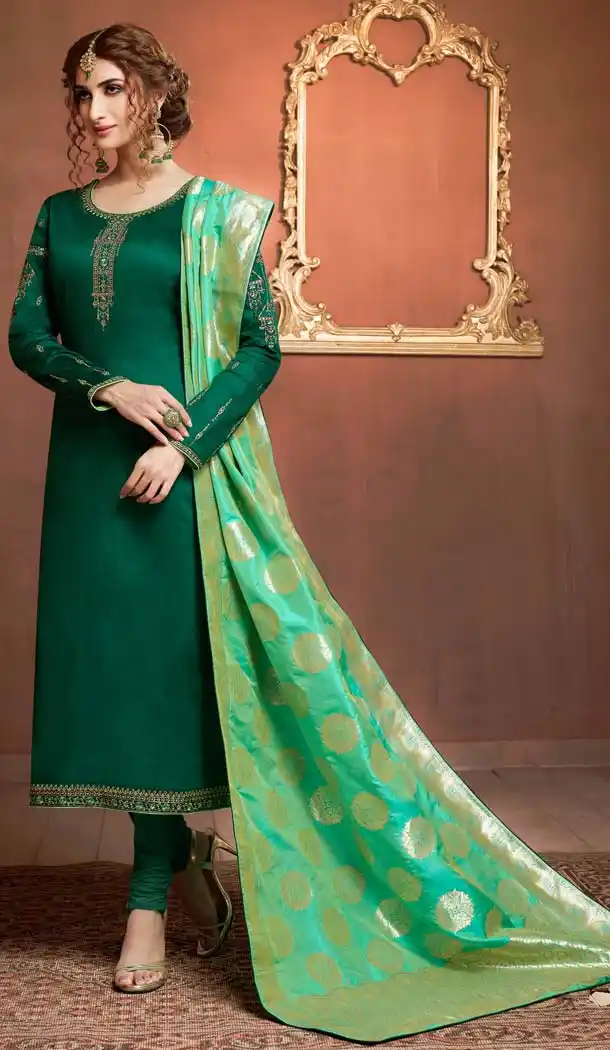 Forest Green Color Pure Cotton Jaam Silk Casual Party Salwar Kameez -618777201