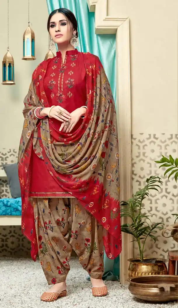 Red Color Pure Jam Cotton Casual Wear Punjabi Patiyala Dress -620277372