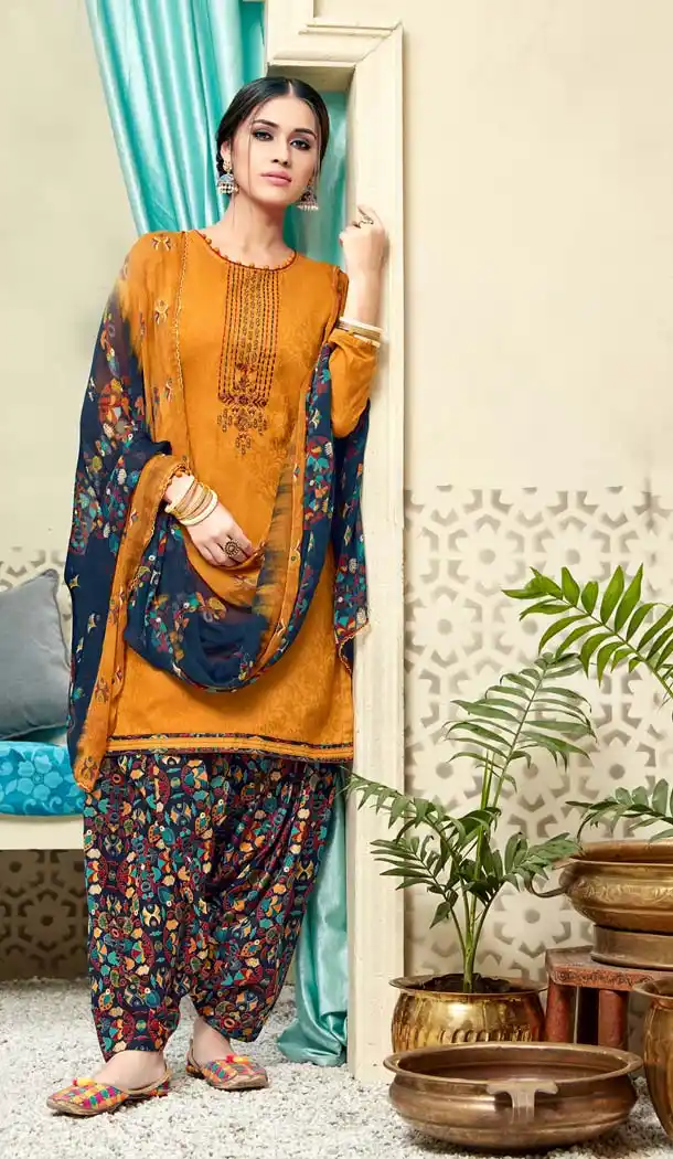 Orange Color Pure Jam Cotton Casual Wear Punjabi Patiyala Dress -620277373