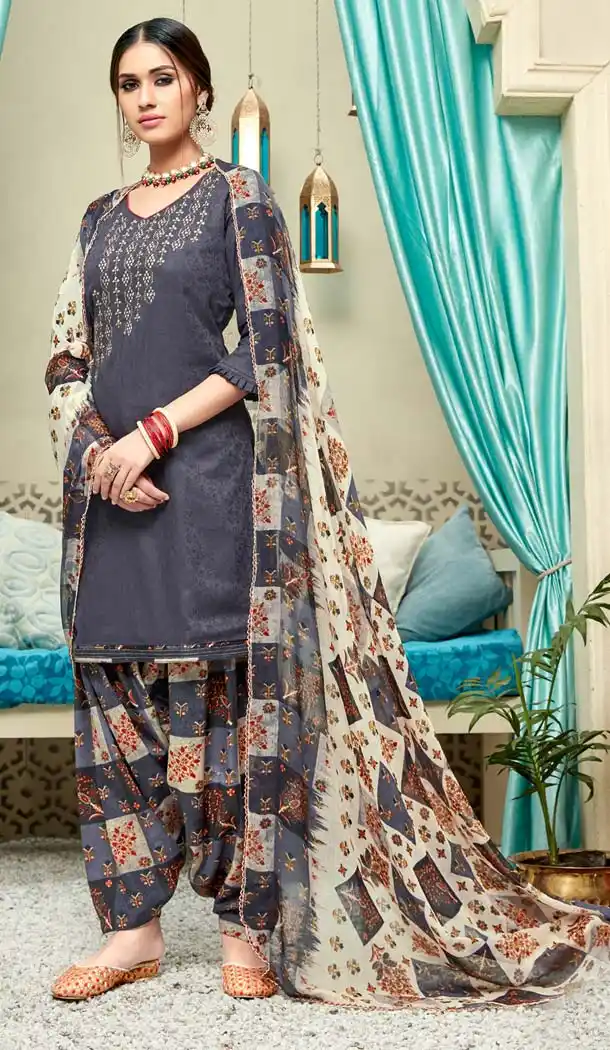 Dark Grey Color Pure Jam Cotton Casual Wear Punjabi Patiyala Dress -620277374