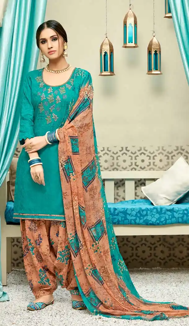 Green Color Pure Jam Cotton Casual Wear Punjabi Patiyala Dress -620277375