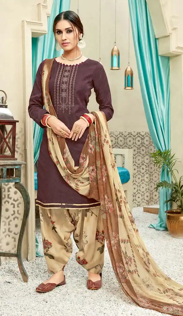Brown Color Pure Jam Cotton Casual Wear Punjabi Patiyala Dress -620277377