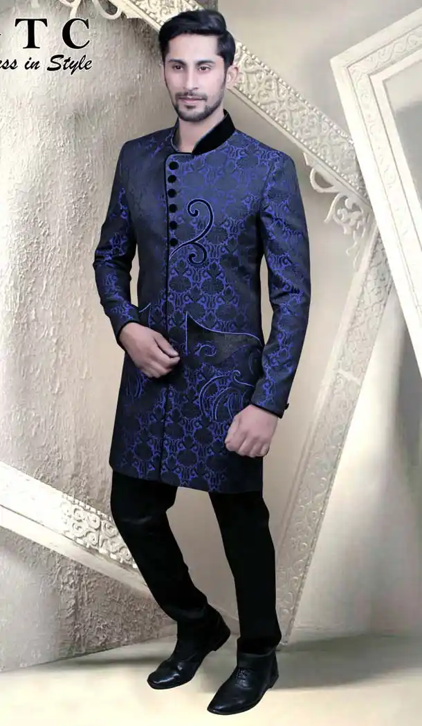 Navy Blue Color Suiting Designer Readymade IndoWestern Sherwani -601974893