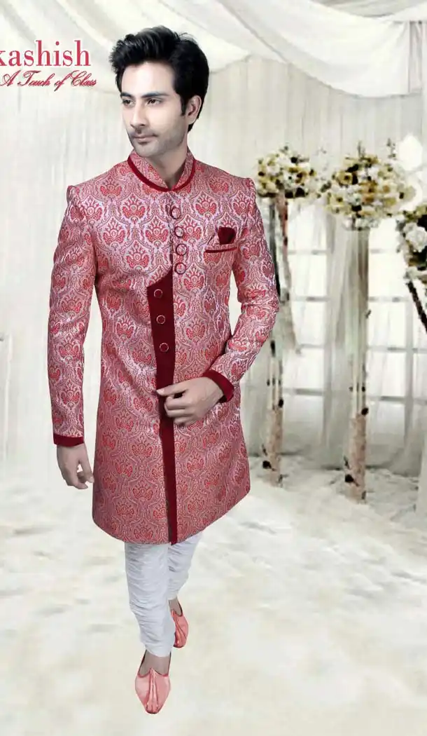 Red Color Jacquard Designer Readymade IndoWestern Sherwani -601974899