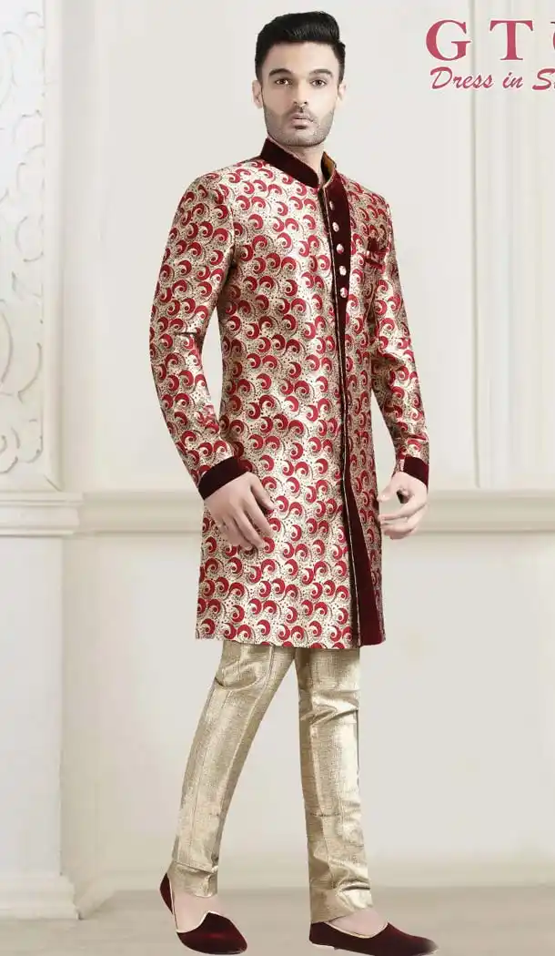 Golden Color Jacquard Designer Readymade Indo Western Sherwani -601974902