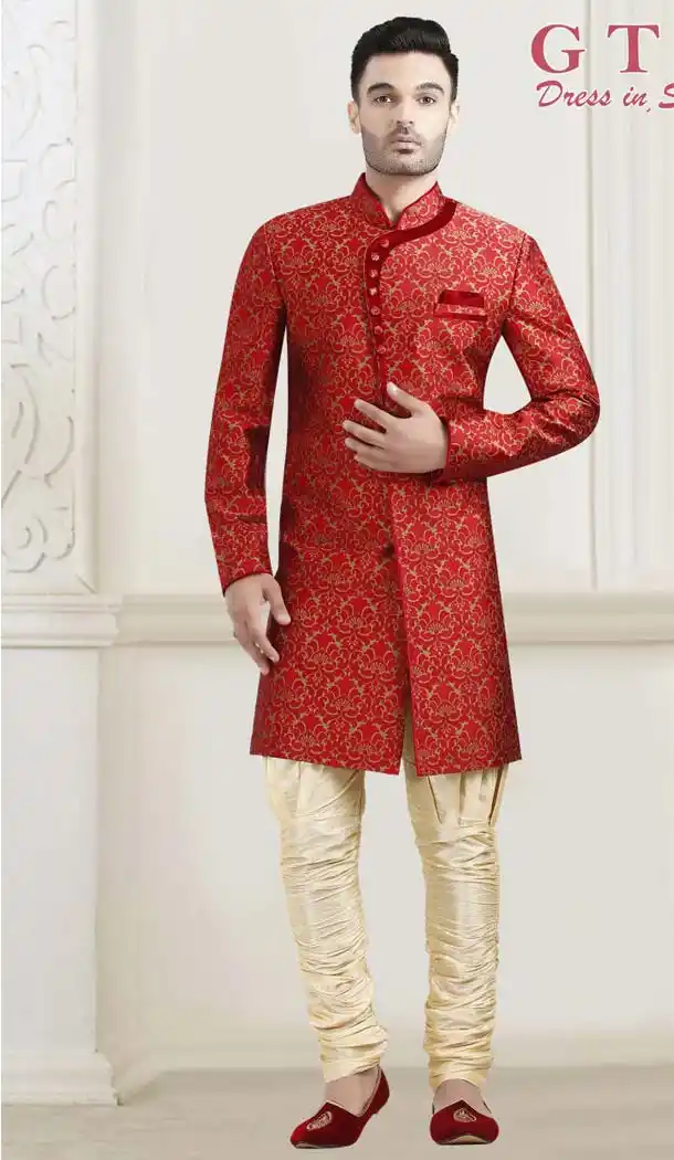 Red Color Jacquard Designer Readymade Indo Western Sherwani -601974906