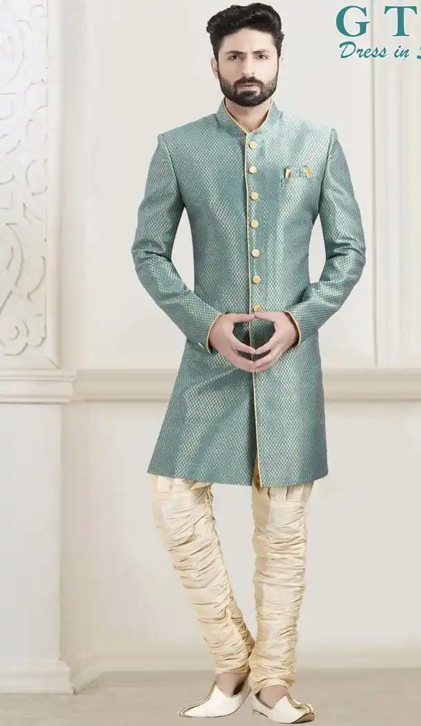Steel Green Color Jacquard Designer Readymade Indo Western Sherwani -601974909