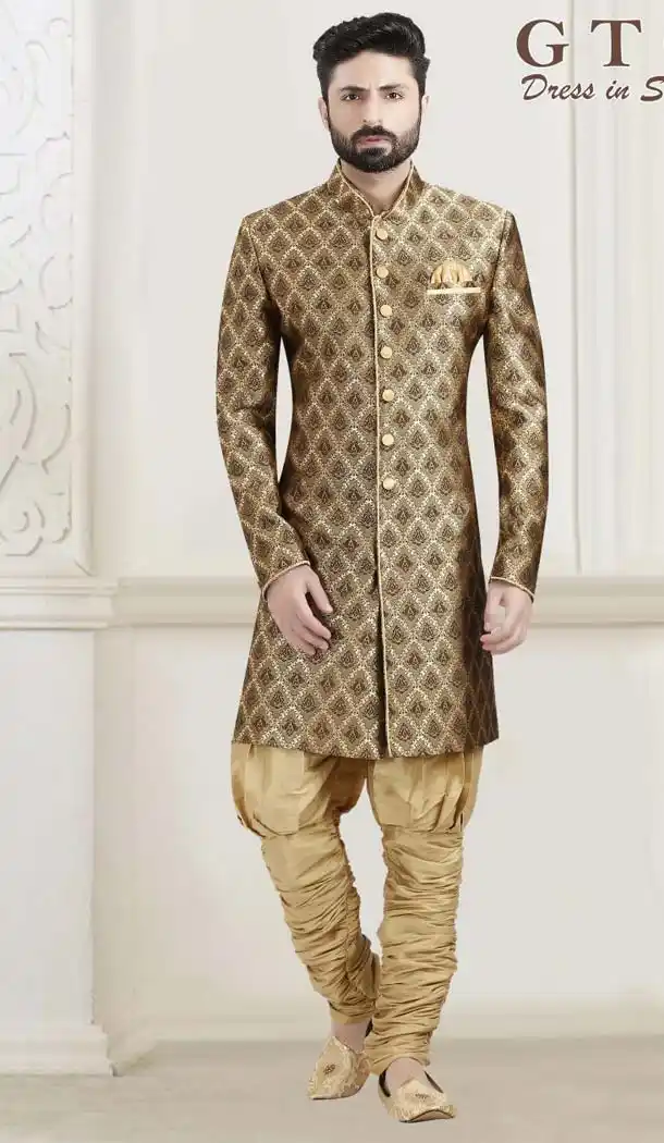 Jacquard Golden Color Designer Readymade Indo Western Sherwani -601974911