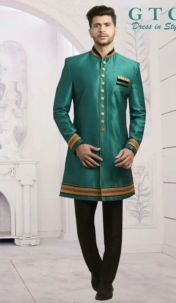 Green Color Jacquard Designer Readymade Indo Western Sherwani -601974917