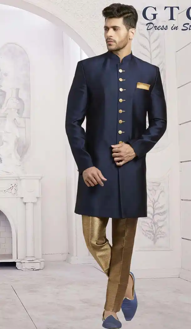 Navy Blue Color Suiting Designer Readymade Indo Western Sherwani -601974918