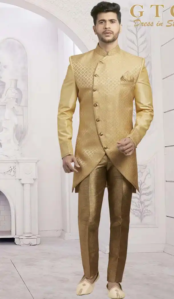 Golden Color Jacquard Designer Readymade Indo Western Sherwani -601974919