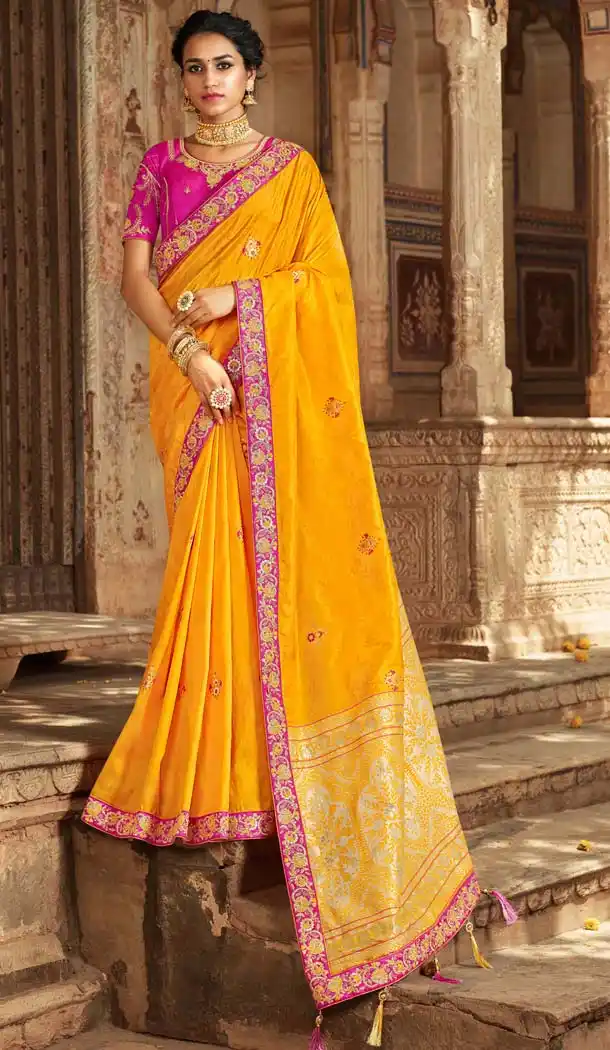 Yellow Color Heavy Banarasi Silk Jacquard Traditional Saree Blouse -620977435