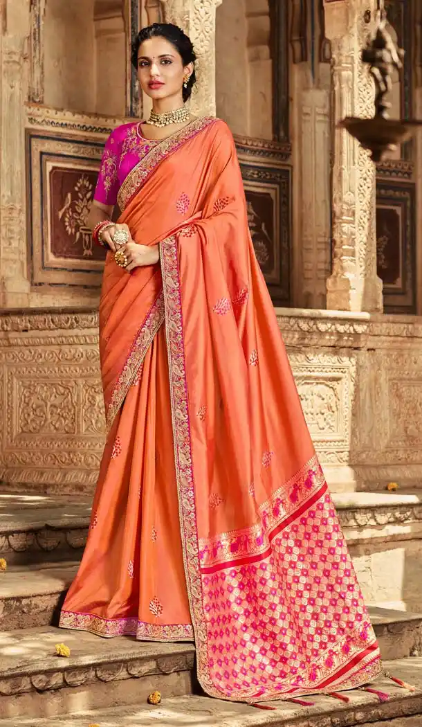 Peach Color Heavy Banarasi Silk Jacquard Traditional Saree Blouse -620977436