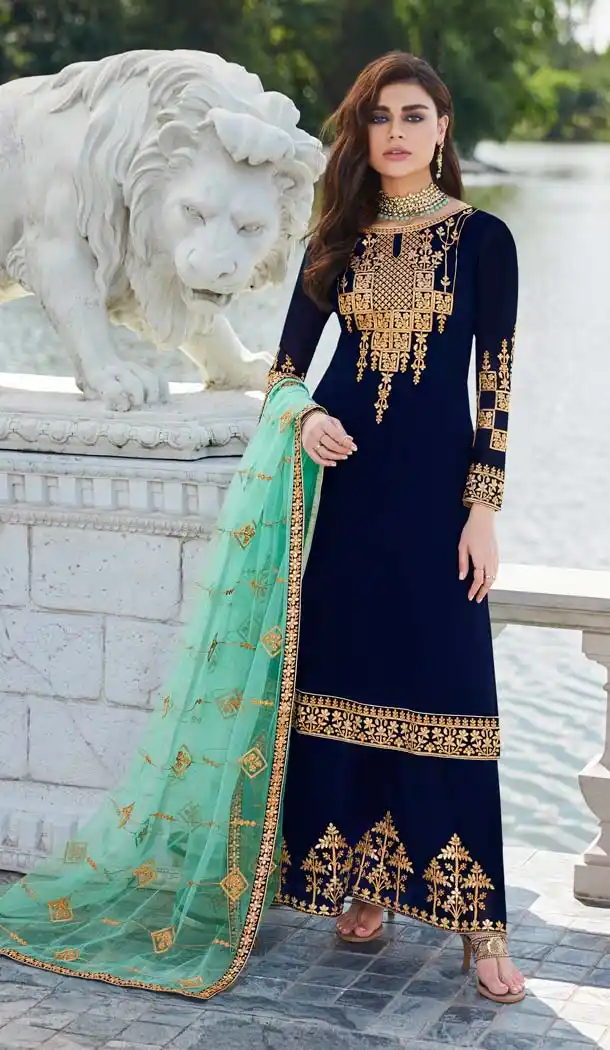 Navy Blue Color Real Georgette Party Wear Palazzo Suit -621077443