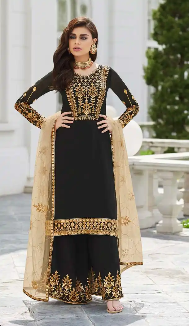 Black Color Real Georgette Party Wear Palazzo Suit -621077447