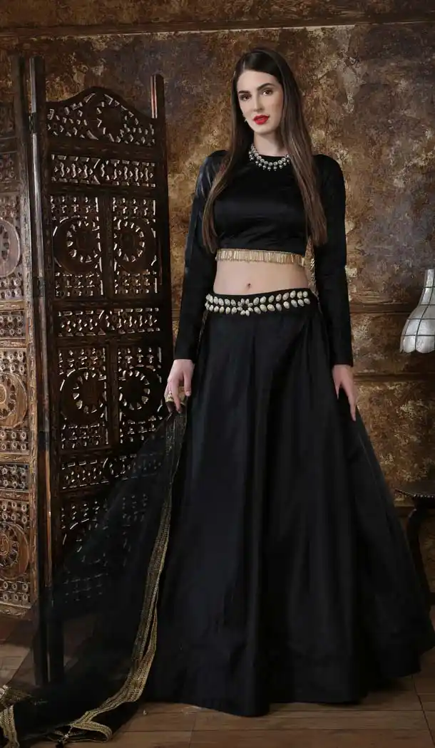 Black Color Taffeta Satin Designer Party Wear Lehenga Choli -621177450