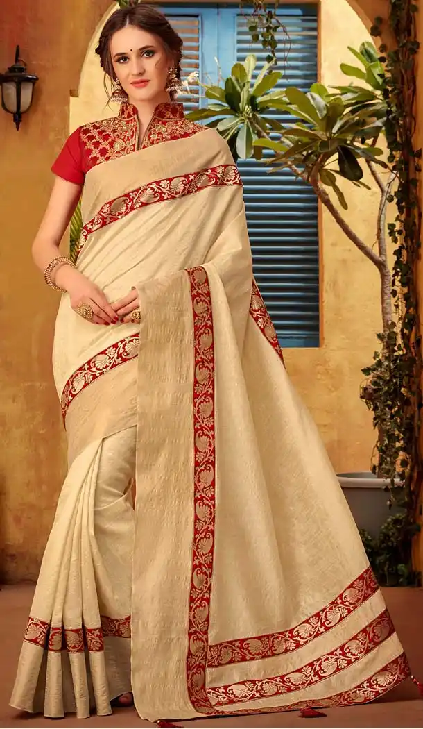 Cotton Silk Red Cream Color Casual Party Wear Saree Blouse -432862959