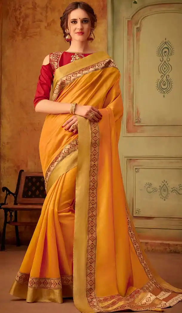 Cotton Silk Mustard Yellow Color Casual Party Wear Saree Blouse -432862960