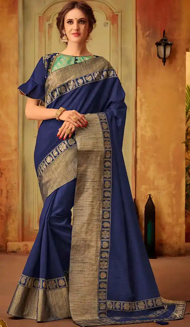 Cotton Silk Navy Blue Color Casual Party Wear Saree Blouse -432862962
