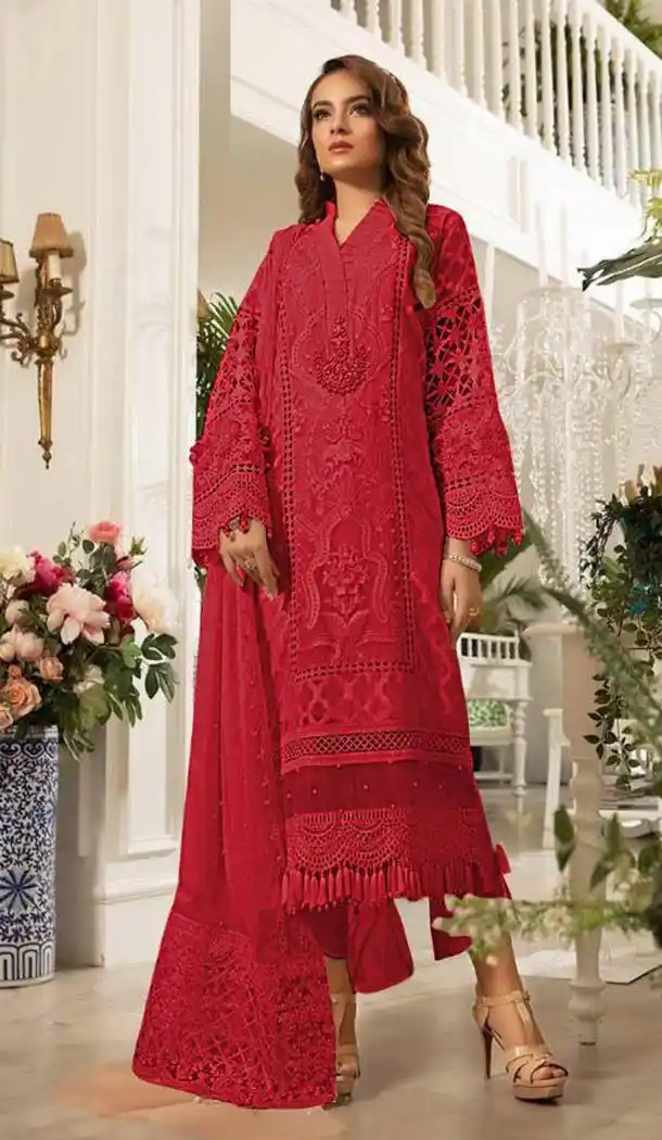 Dark Red Color Organza Designer Party Wear Pakitani Style Suit -435263110