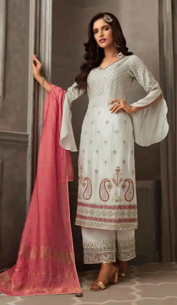 White Color Georgette Designer Wear Sharara Suit -435663137
