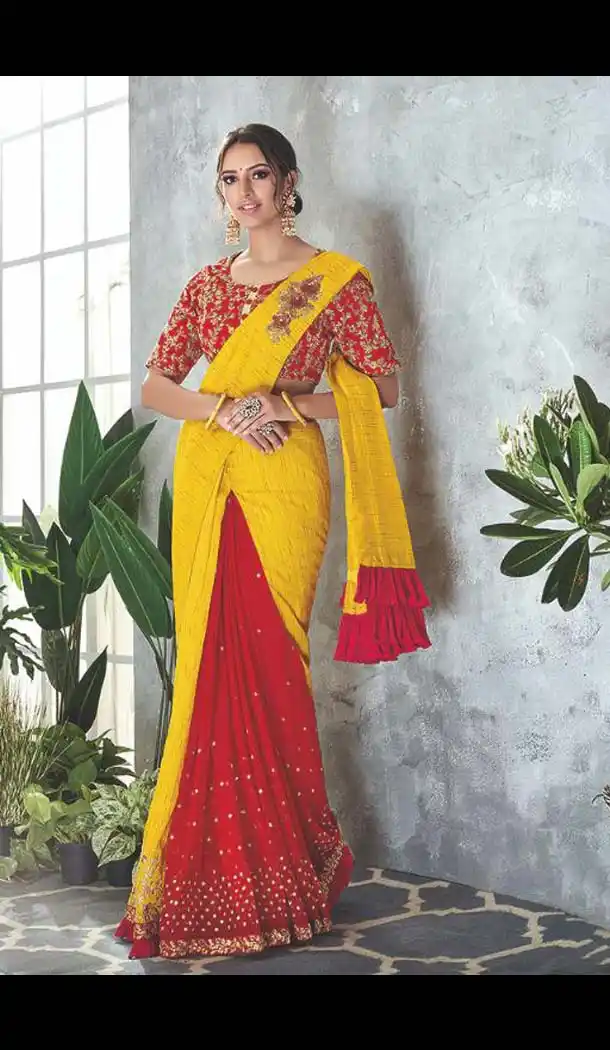 Yellow Red Color Silk Net Designer Lehenga Style Saree -453264629