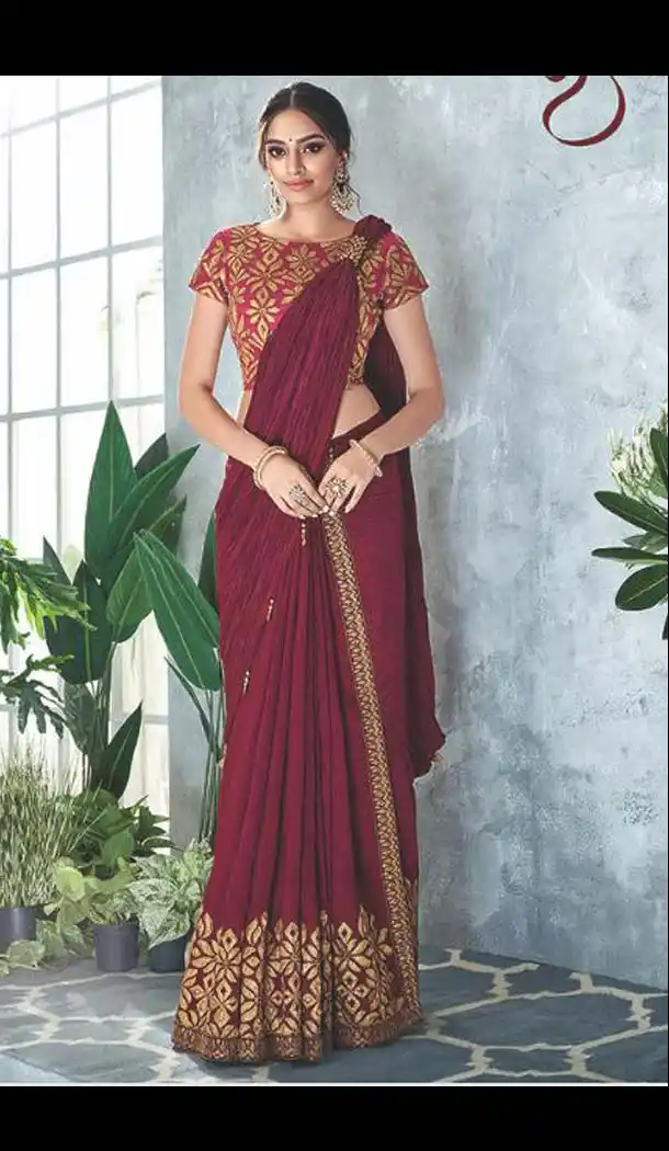 Elegant Maroon Color Silk Designer Lehenga Style Saree -453264630