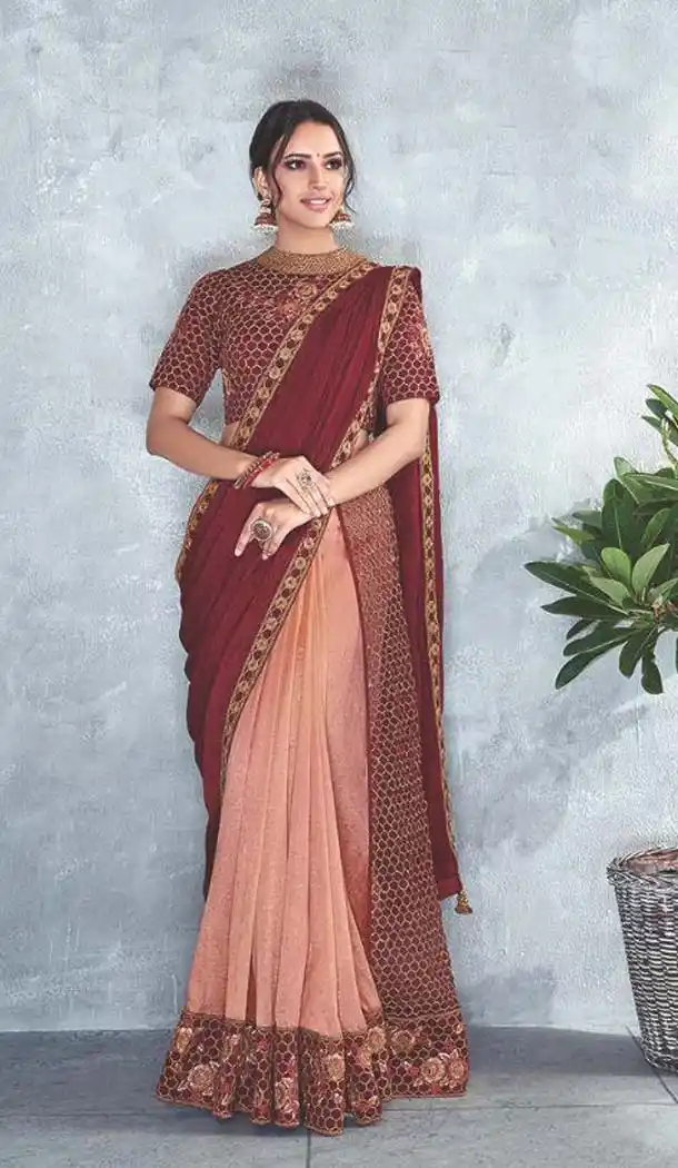 Peach Maroon Color Silk Designer Lehenga Style Saree -453264631