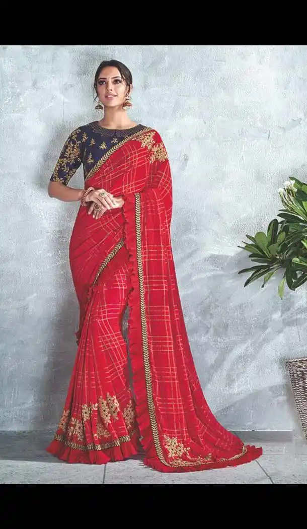 Red Royal Blue Color Silk Georgette Designer Lehenga Style Saree -453264633