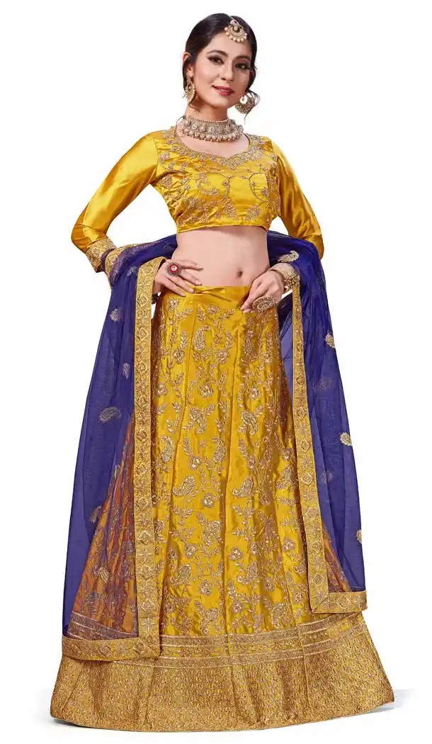 Golden Yellow Color Satin Silk Traditional Party Lehenga Choli -622077535