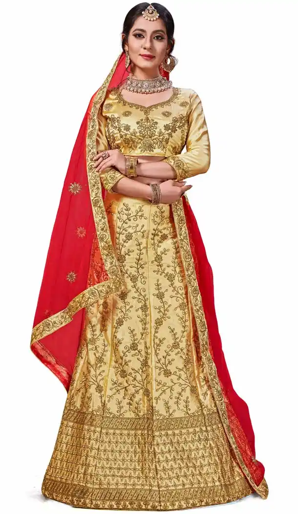 Golden Yellow Color Satin Silk Traditional Party Lehenga Choli -622077537