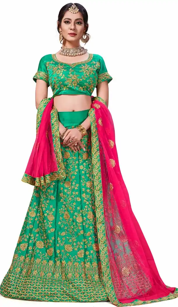 Green Color Satin Silk Traditional Party Lehenga Choli -622077541