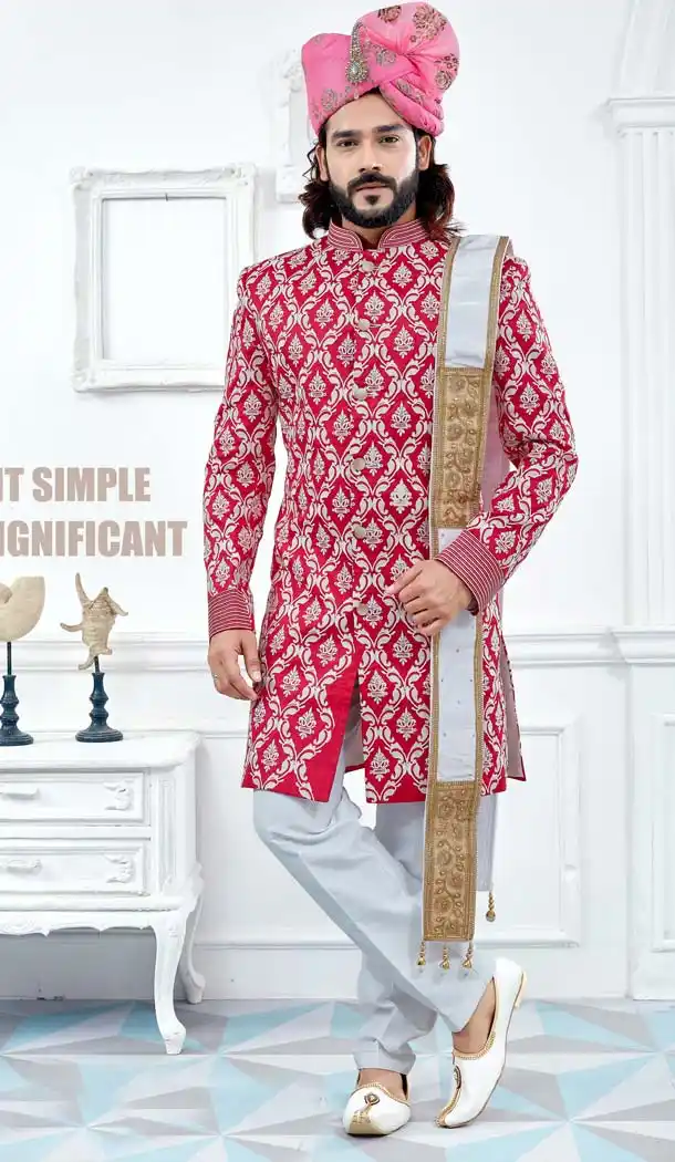 Rani Color Banglore Silk Men Wedding Plus Size Sherwani -603475243