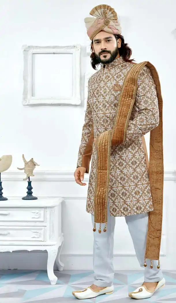 Brown Color Art Silk Men Wedding Plus Size Sherwani -603475245