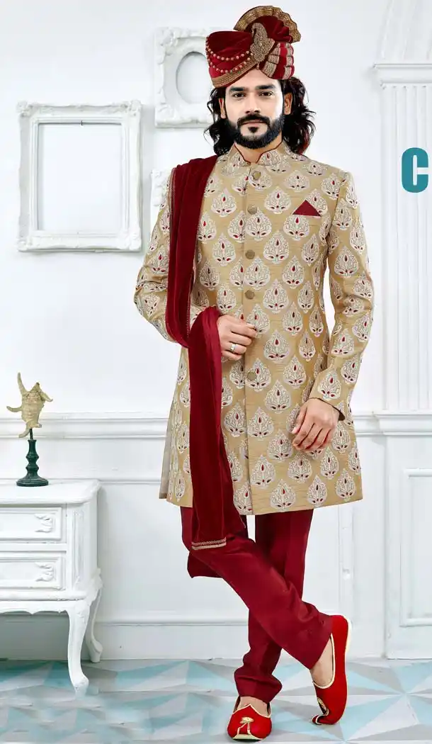 Gold Color Art Silk Men Wedding Plus Size Sherwani -603475248