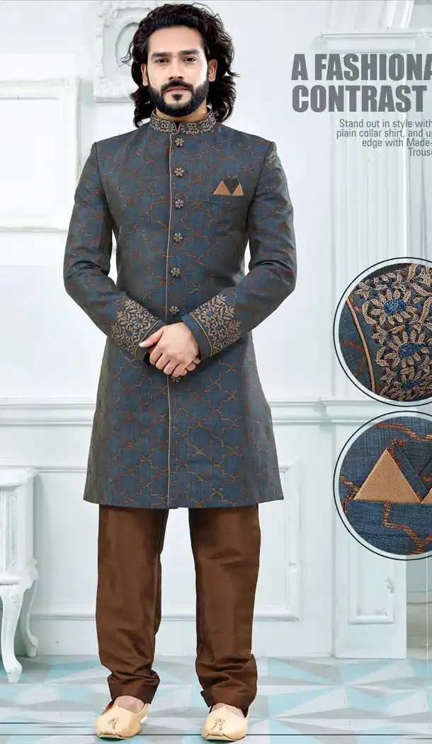 Grey Color Jacquard Men Wedding Plus Size Sherwani -603475250