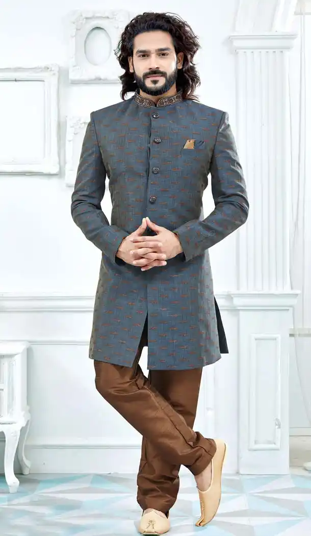 Unique Grey Color Jacquard Men Wedding Plus Size Sherwani -603475251