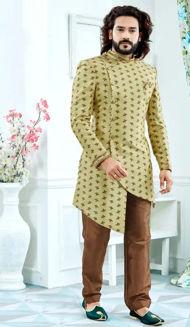 Pista Color Jacquard Men Wedding Plus Size Sherwani -603475253