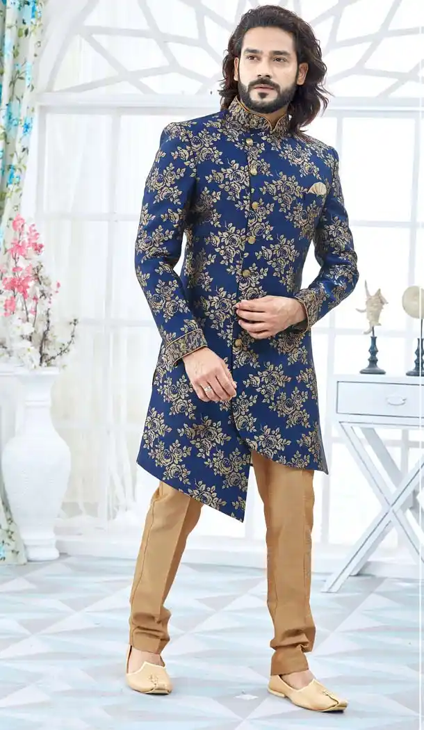 Navy Blue Color Jacquard Men Wedding Plus Size Sherwani -603475257