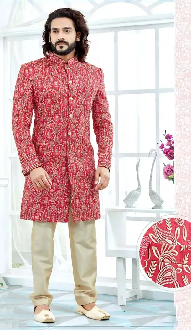 Rani Pink Color Banglore Silk Men Wedding Plus Size Sherwani -603475259