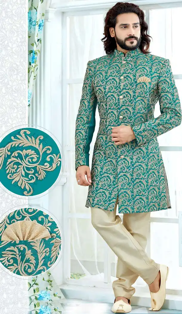 Rama Green Color Art Silk Men Wedding Plus Size Sherwani -603475260