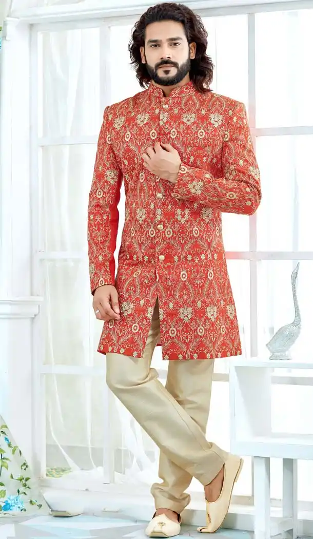 Orange Color Banglore Silk Men Wedding Plus Size Sherwani -603475261