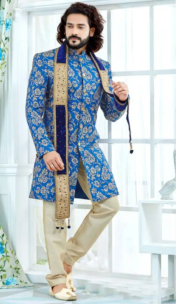 Blue Color Banglore Silk Men Wedding Plus Size Sherwani -603475262
